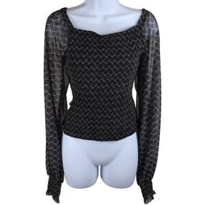 Anthropologie Rouen Smocked Black Sheer Sleeve Blouse M